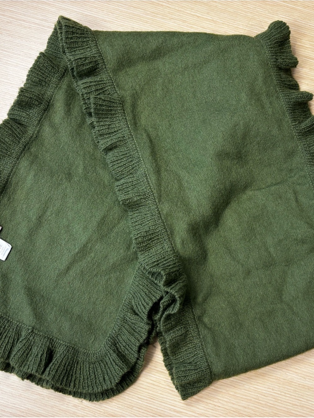 Nordstrom 100% Cashmere Ruffle Trim Knit Scarf Olive Green